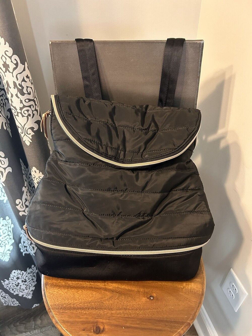 Women's Stella & Dot Crush It Black Quilted Nylon Backpack Bag Gym Travel Lined